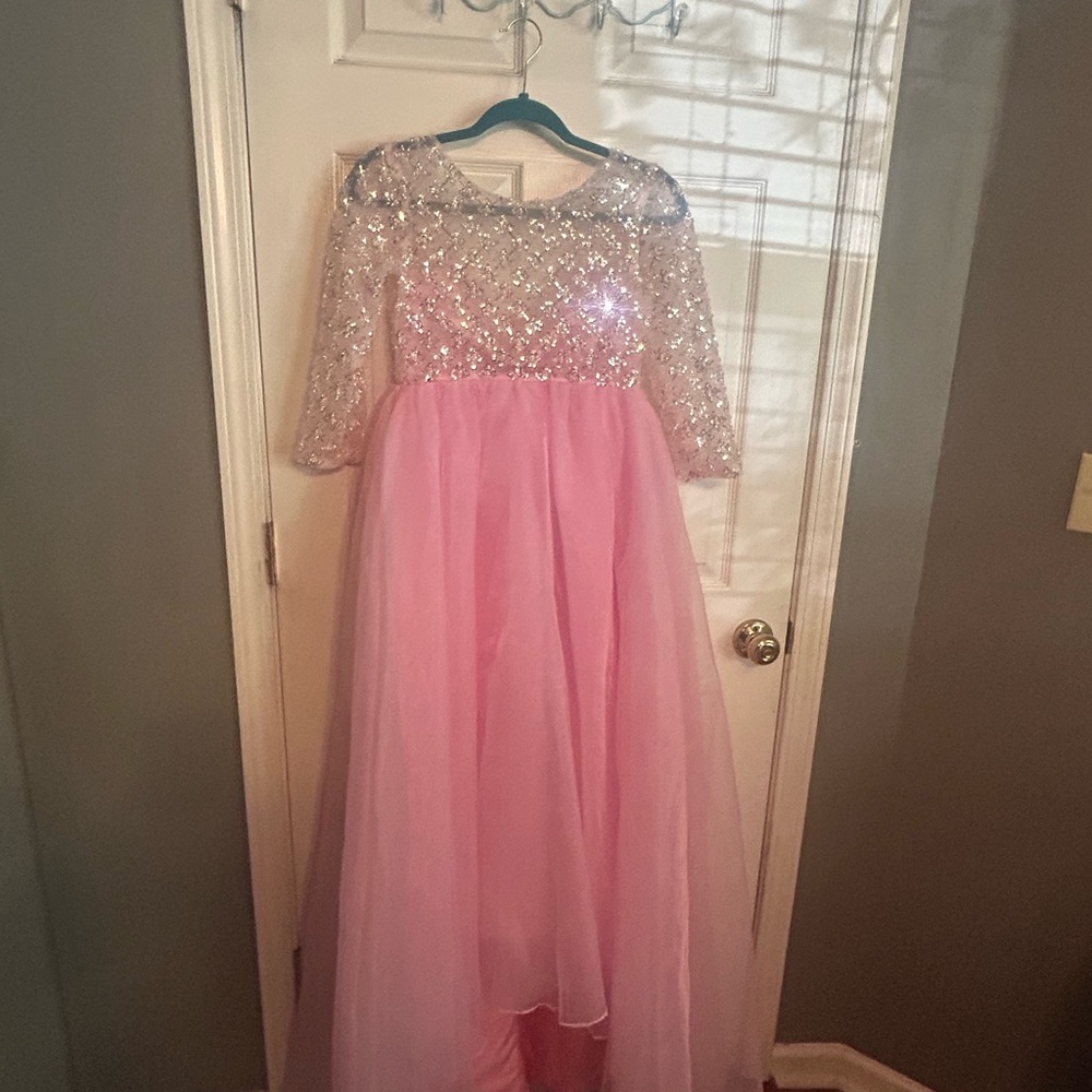 Girls Pageant dress 10 pink long   with small train with silver beading.